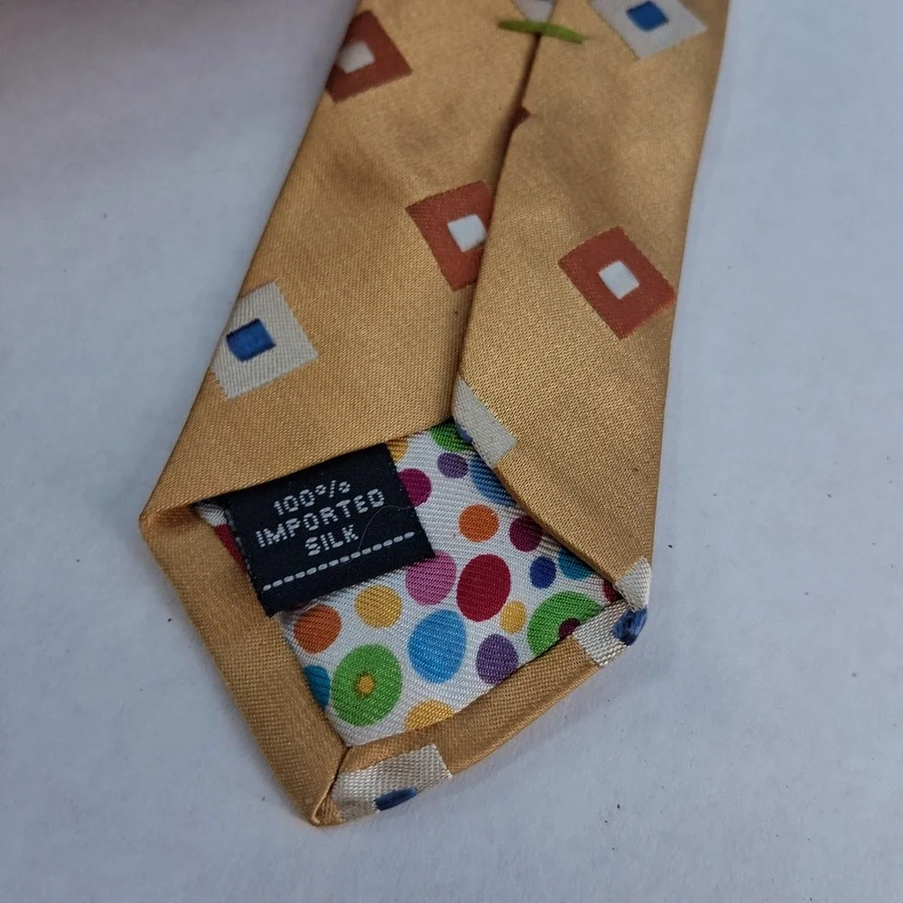 City of London Tie Mens OS Gold Geometric Squares Silk Polka Dot Lining Classic